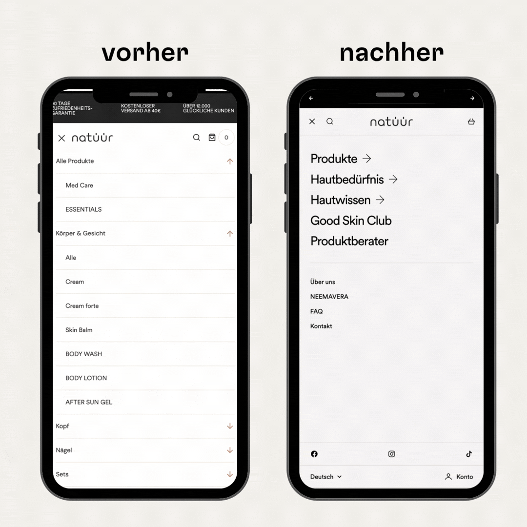 Mockup der neuen natüür Shopify Shop Navigation. 