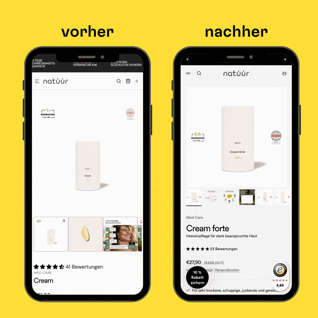 Das Mockup zeigt, die alte und neu optimierte Shopify Produktdetailseite von natüür. 