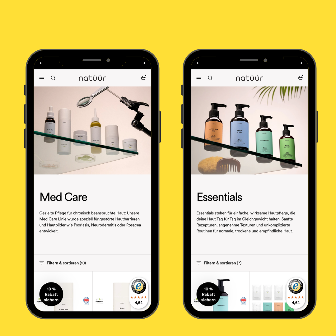 Der neue Shopify Shop von natüür hat einen Split nach Produkten, der auf den mockups zu sehen ist. 