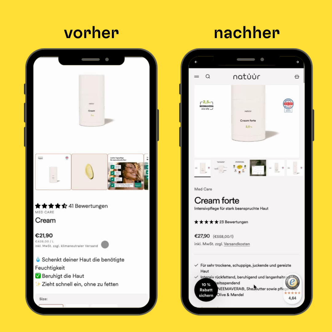 Vorher-Nachher Mockup der Produktdetailseite in Shopify. 