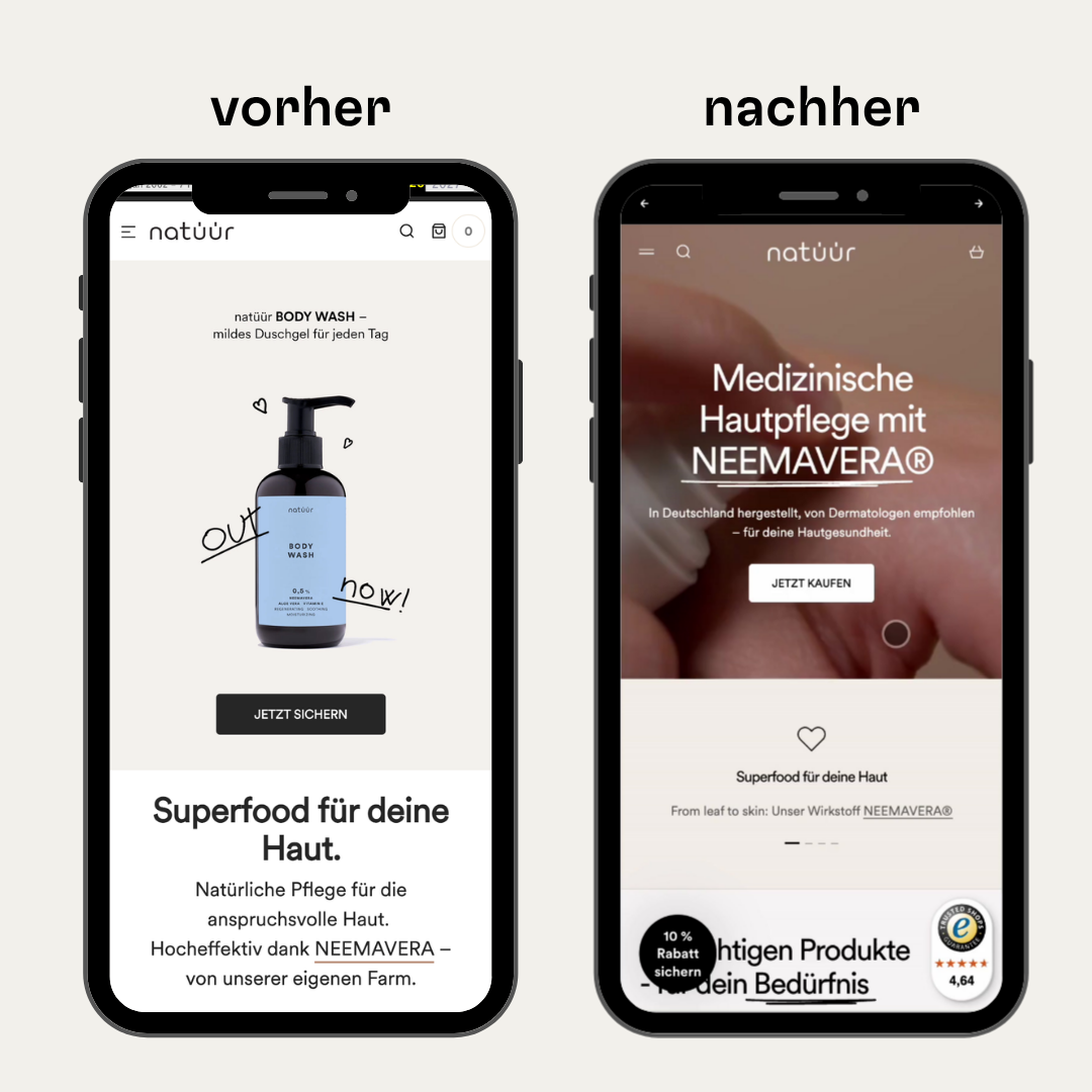 Vorher-Nachher der Startseite vom Shopify Shop natüür.