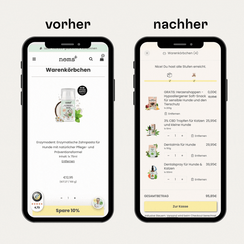 Das Mockup zeigt den neuen Cart Drawer in Shopify, der neben einer Shipping Bar auch Upsell Produkte darstellt.