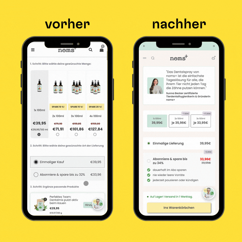 Das mobile Mockup Video zeigt die alte und neue Produktdetailseite im Vergleich. 