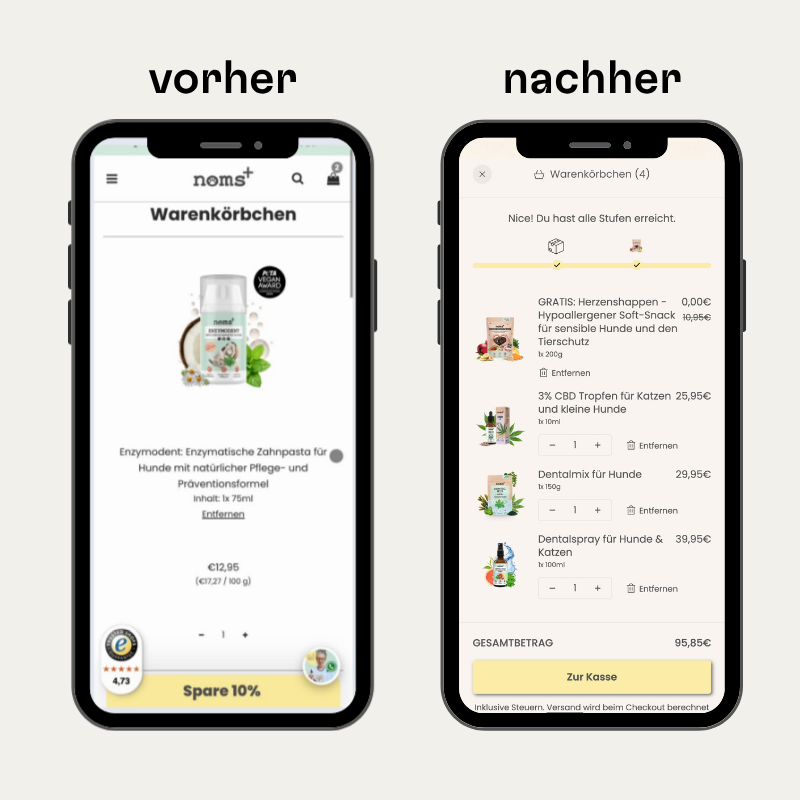 Der neue Cart Drawer in Shopify zeigt neben einer Shipping Bar noch Upsell Produkte.