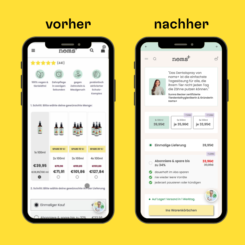 Das mobile Mockup zeigt die alte und neue Produktdetailseite im Vergleich. 