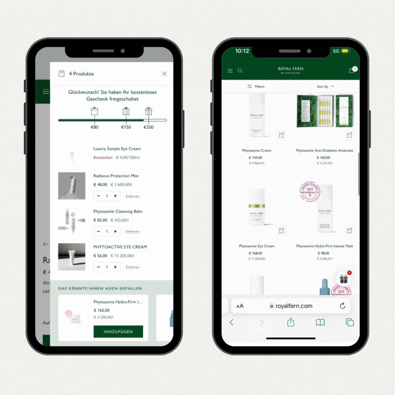 Die Mockups zeigen eine erweiterte Shipping Bar mit Geschenkelogik, die kostenlosen Versand sowie zusätzliche Kaufanreize wie Geschenke und Samples anzeigt.
