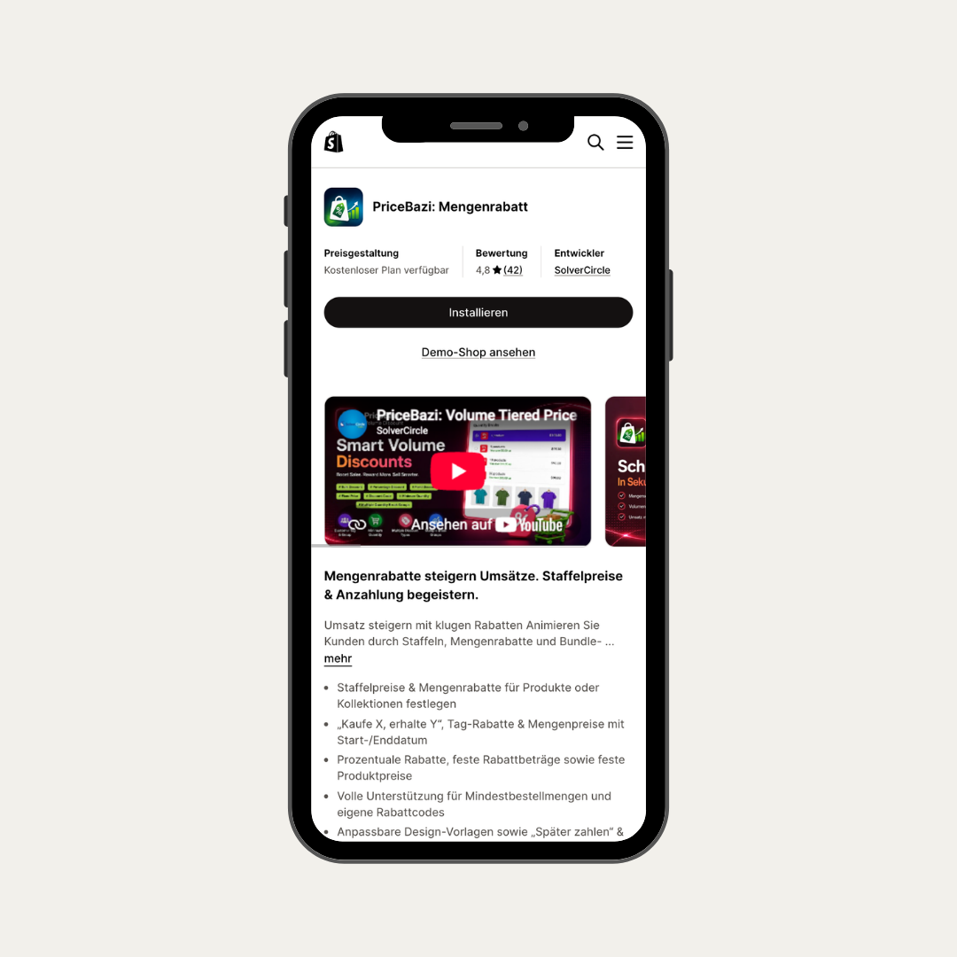 Das Mockup zeigt den Shopify App Store mit der App von PriceBazi, die dabei hilft im Shopify Shop Rabatte zu kombinieren. 