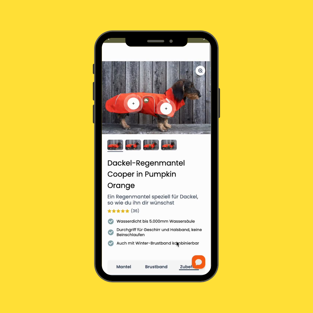 Mobile Mockup zeigt Shopify Produktseite des Hundemantels. 