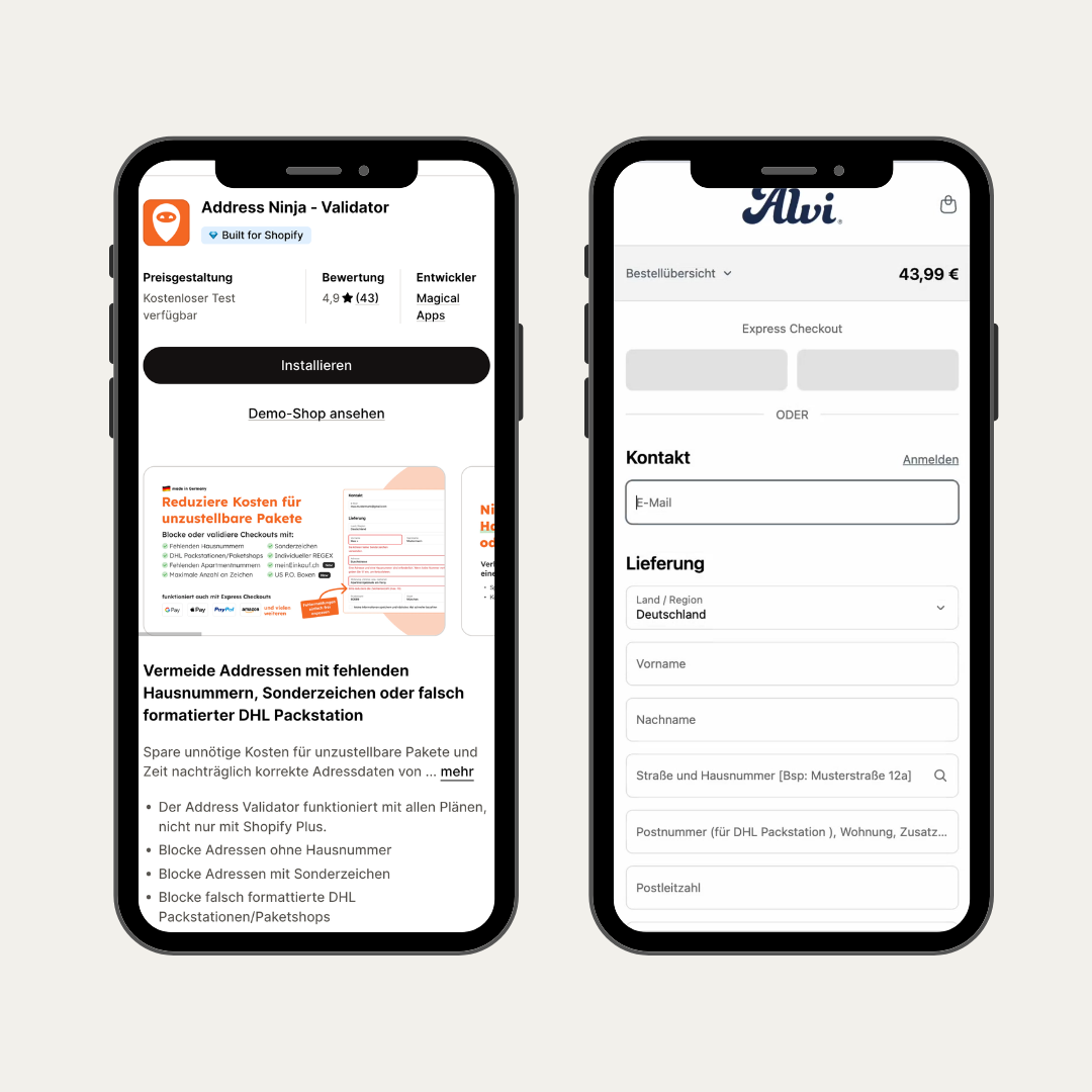 Mobile Ansicht von Adressvalidierung und Fehlervermeidung durch Adress Ninja und Adress Ninja im Shopify App Store.