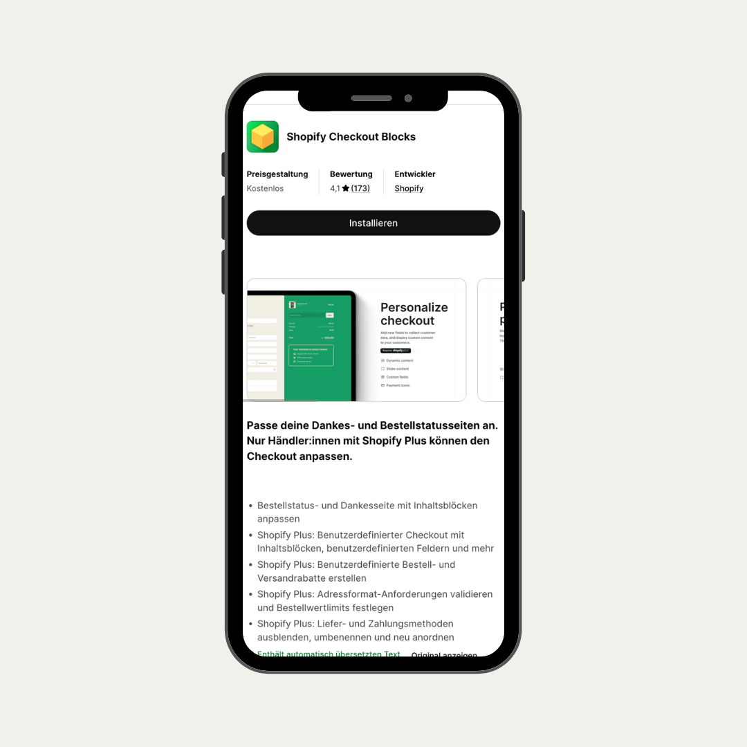 Mobile Ansicht von Shopify Checkout Blocks im Shopify App Store.