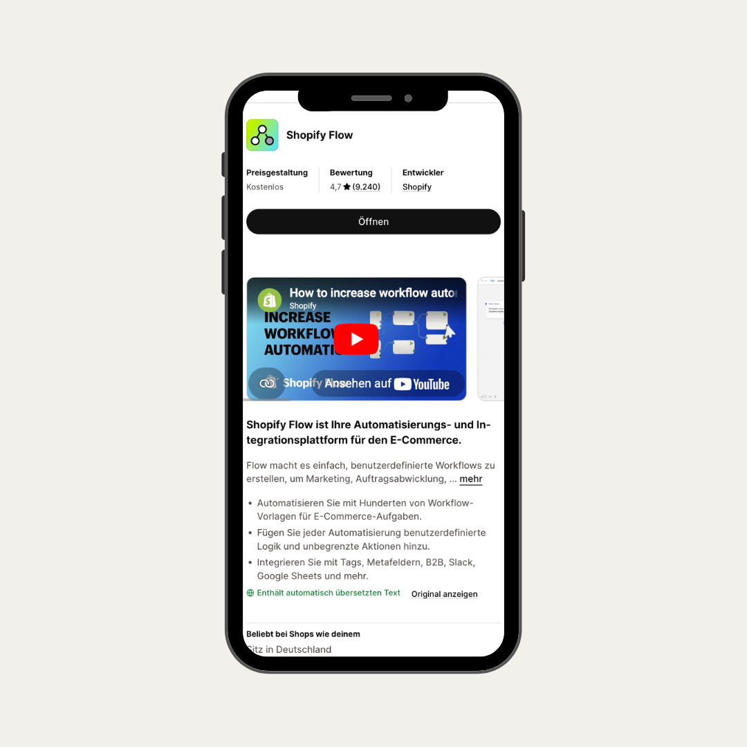 Shopify Flow als mobile Ansicht im Shopify App Store.