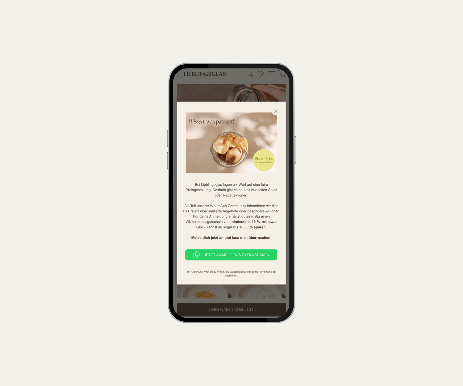Mockup zur Newsletter Anmeldung im Shopify Shop von Lieblingsglas.