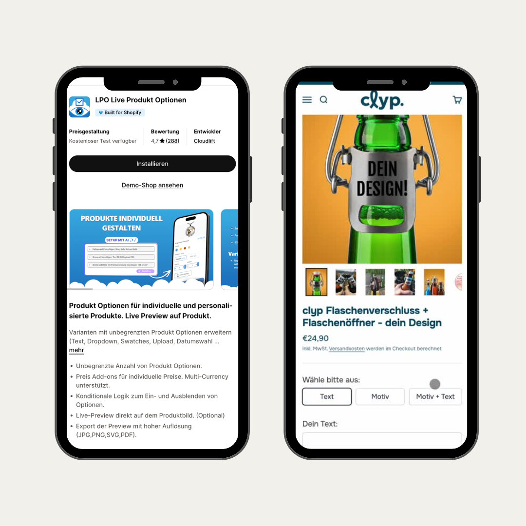 Mobile Produktseite mit individuellen Optionen wie Textfeldern und Uploads umgesetzt mit Live Product Options.