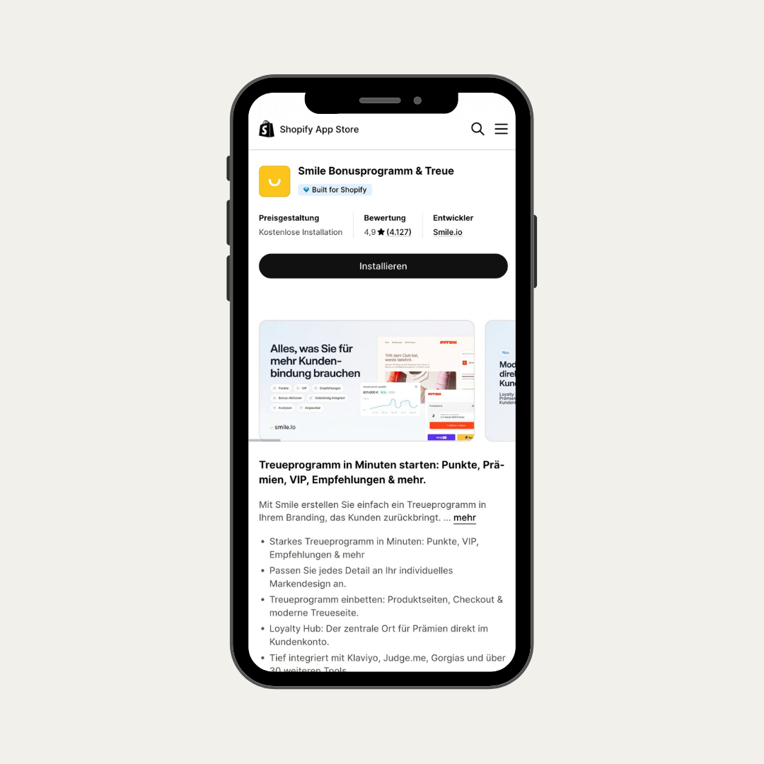 Mobile Ansicht eines Loyalty-Programms mit Punkten und Prämien umgesetzt mit smile.io.